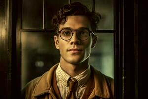 a man wearing glasses in front of a window that s photo