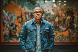 a man wearing glasses stands in front of a window photo