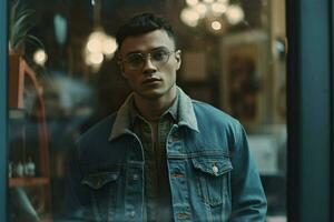 a man wearing glasses stands in front of a window photo