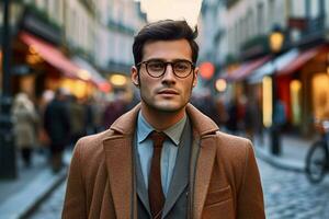 a man wearing glasses stands on a street in paris photo