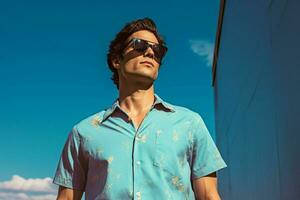 un hombre vistiendo Gafas de sol y un azul camisa foto
