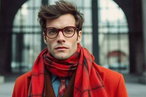 a man wearing red glasses and a red plaid scarf photo