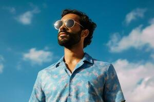 a man wearing sunglasses and a blue shirt photo