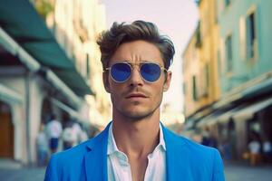 a man wearing sunglasses and a blue shirt photo