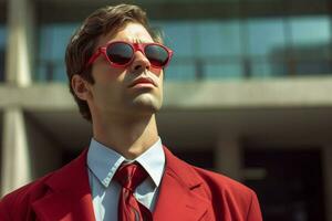 a man wearing sunglasses and a red tie with the w photo