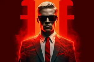 a man wearing sunglasses and a red tie with the w photo