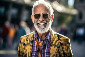 un hombre vistiendo Gafas de sol y un tartán chaqueta sonrisa foto