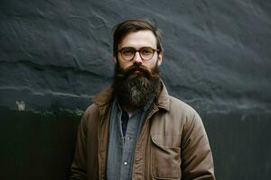 un hombre con un barba y lentes soportes en frente de foto