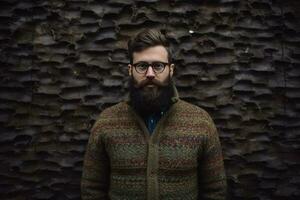 a man with a beard and glasses stands in front of photo