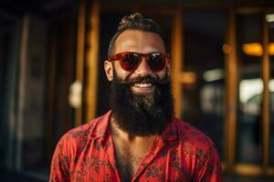 un hombre con un barba y Gafas de sol sonrisas para el foto