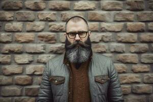 un hombre con un barba y lentes soportes en frente de foto