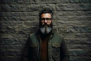 a man with a beard and glasses stands in front of photo