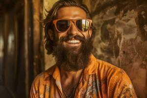 a man with a beard and sunglasses smiles for the photo