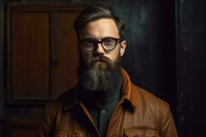 un hombre con un barba vistiendo lentes y un chaqueta foto