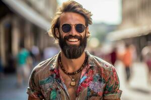 un hombre con un barba y Gafas de sol sonrisas para el foto