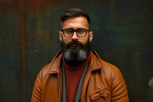 un hombre con un barba vistiendo lentes y un chaqueta foto