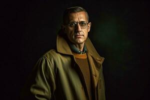 a man with glasses and a brown coat stands in fro photo