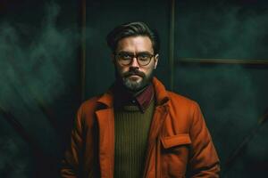 a man with glasses and a brown jacket photo
