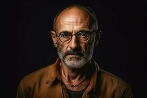 un hombre con lentes y un marrón camisa foto