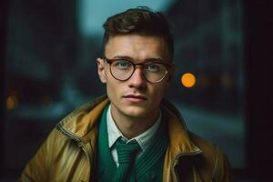 un hombre con lentes y un chaqueta foto