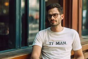 a man with glasses and a shirt that saysthe man w photo