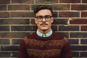 a man with glasses and a sweater that saysim a ge photo