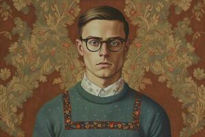 a man with glasses and a sweater that saysim a ge photo