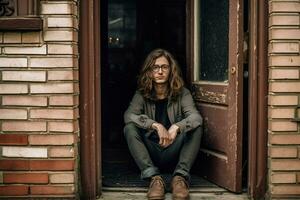 a man with long hair and glasses is sitting in a photo