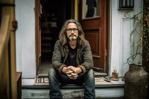 a man with long hair and glasses is sitting in a photo