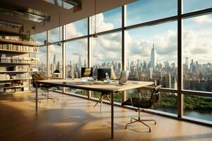 a modern office with a view of a city photo