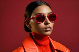 a model wears sunglasses with red frames and a re photo