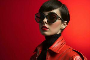 a model wears sunglasses with red frames and a re photo