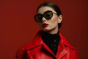 a model wears sunglasses with red frames and a re photo