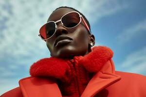 a model wears sunglasses with red frames and a re photo