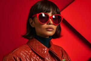 a model wears sunglasses with red frames and a re photo