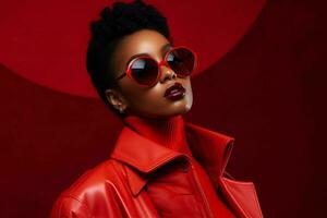 a model wears sunglasses with red frames and a re photo