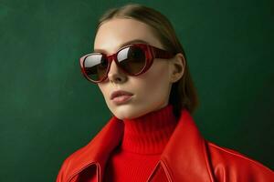 a model wears sunglasses with red frames and a re photo