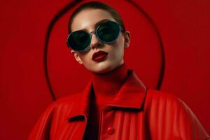 a model wears sunglasses with red frames and a re photo