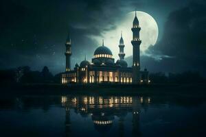 un mezquita a noche con el Luna en el cielo foto