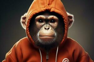 a monkey in a hoodie and hoodie with a logo on it photo