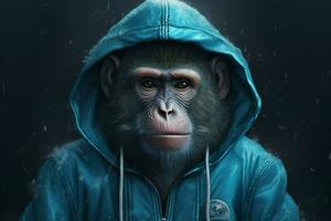 a monkey in a blue jacket with a hoodie and a hoo photo