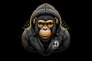 a monkey in a hoodie and hoodie with a logo on it photo