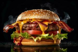 a mouth watering photo of a burger with lettuce tom