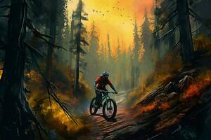 a mountain biker rides downhill in a forest compe photo