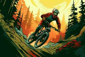 a mountain biker rides downhill in a forest compe photo