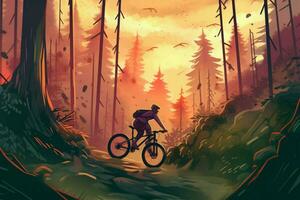 a mountain biker rides downhill in a forest compe photo