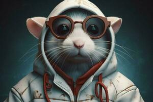 a mouse in a hoodie with a hoodie and glasses photo