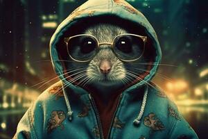 a mouse in a hoodie with a hoodie and glasses photo