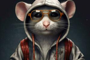a mouse in a hoodie with a hoodie and glasses photo