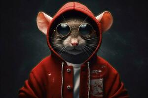 a mouse in a hoodie with a hoodie and glasses photo